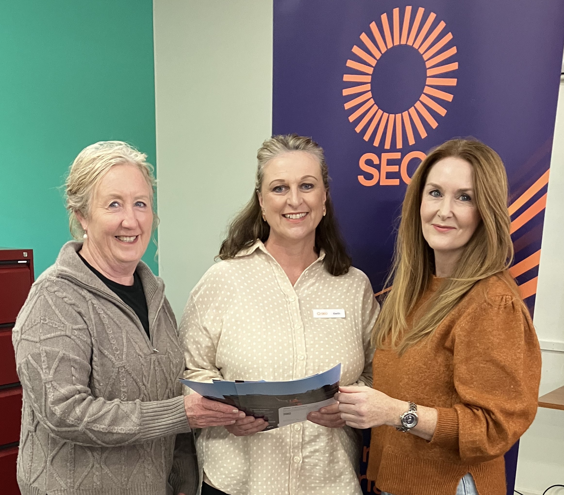 Robyn Kelm from Taylors Lakes Football Netball Club (left) and Stacey Taig, WestVic Business Ambassador (right) with Beth Gibson, SEC Renewable Energy Park - Horsham Community and Stakeholder Engagement.